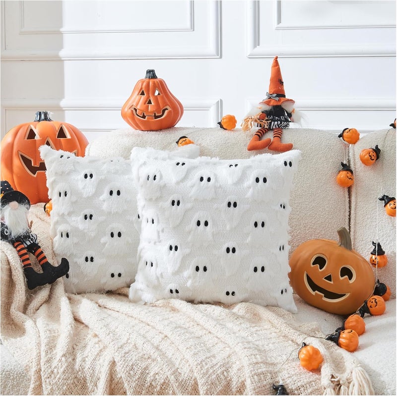 Seoenlin Halloween Pillow Covers 18x18 inch Set of 2 White Throw Pillow Cases Soft Plush Cushion Case for Chair Sofa Bedroom Living Room Home Decor - Image 1